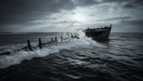 haunting remnants of a shipwreck: mysterious and weathered vessel emerges from ocean waves under an ominous sky