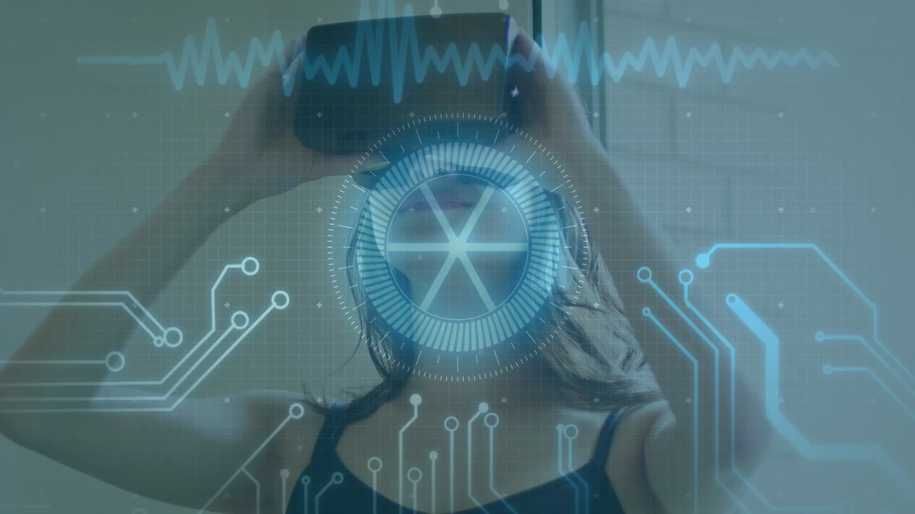 animación del escaneo del alcance y el procesamiento de datos sobre la mujer que usa auriculares vr