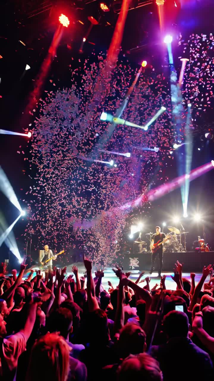 Scena video dinamica di un concerto con visuale dal basso, che cattura luci vibranti del palco e coriandoli