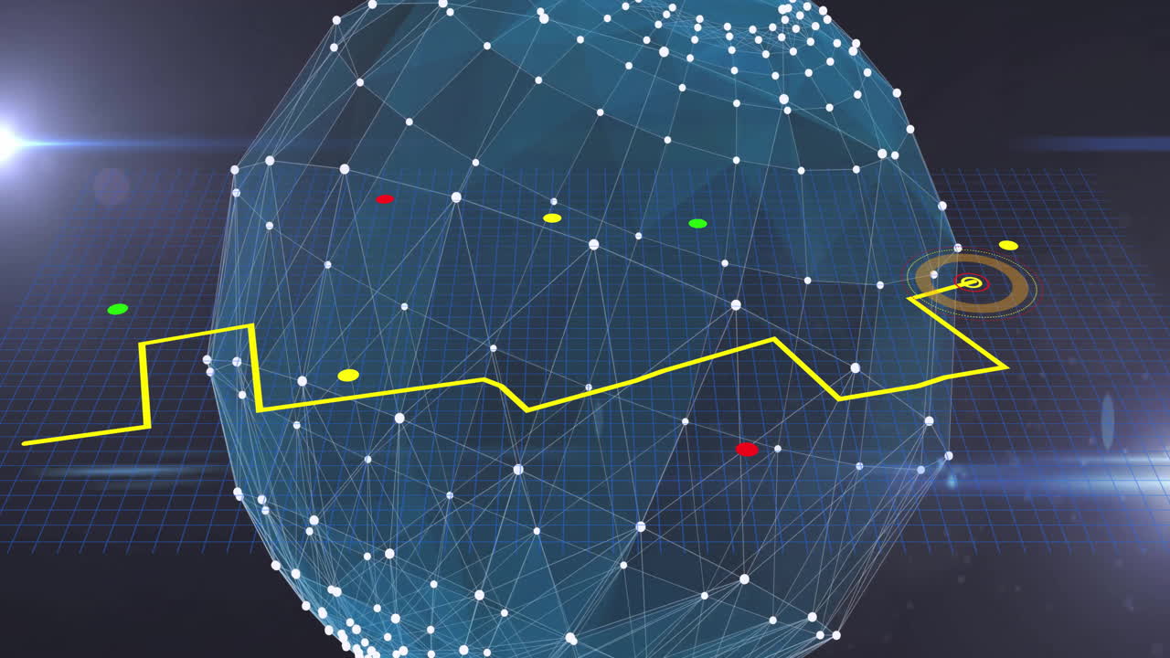 animación de la red de conexiones sobre el globo y senderos de luz en fondo negro