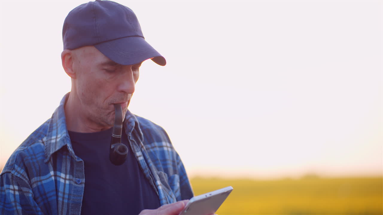 Bauer raucht Pfeife und benutzt Tablet auf einem Feld in der goldenen Stunde.