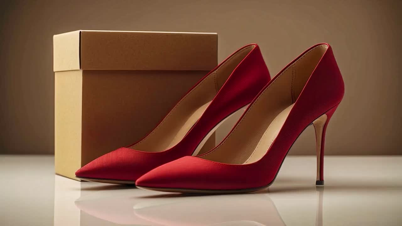 Pair of Red High Heels with a Cardboard Box