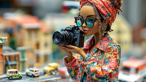 doll with camera captures vibrant urban scene in miniature setting