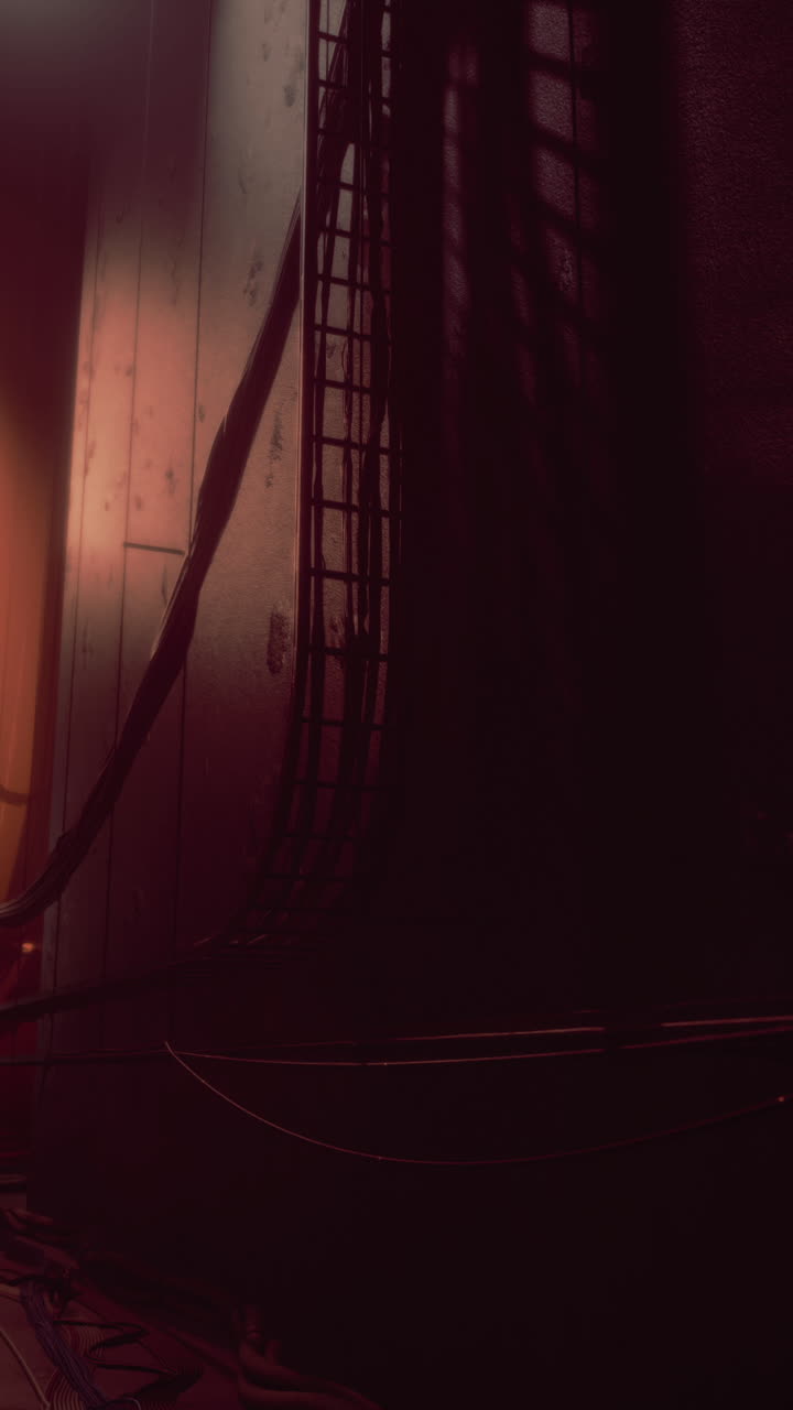 un corredor oscuro y futurista con cables y alambres