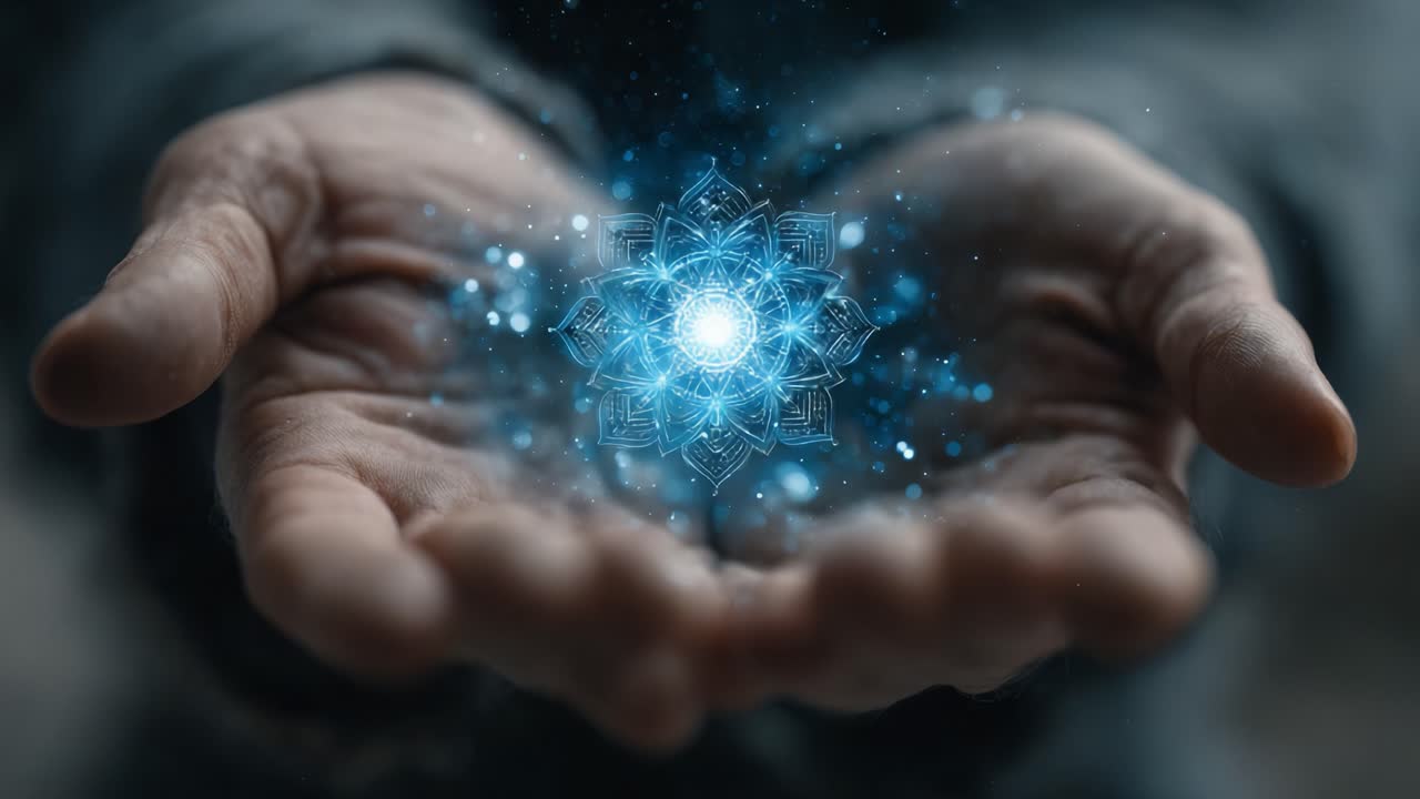 A Mystic Energy: Illuminating the Essence of Creation with Ethereal Light in the Outstretched Hands of the Seeker, Symbolizing Balance and Harmony in Nature