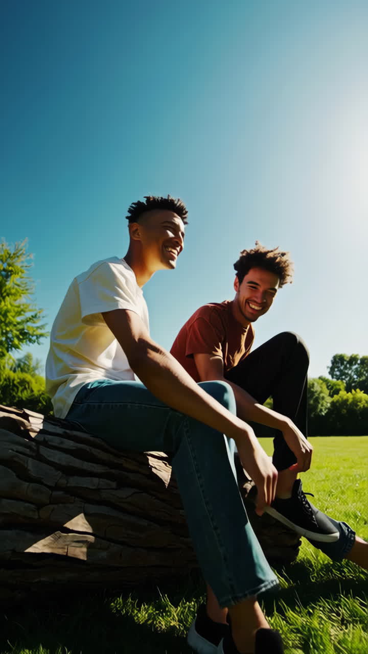 Two young men sitting on a log in a park, enjoying a sunny day