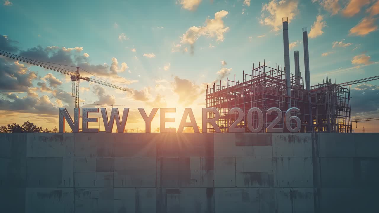 Il sole che sorge illumina le grandi lettere di CAPODANNO 2026 in un cantiere, producendo un riverbero