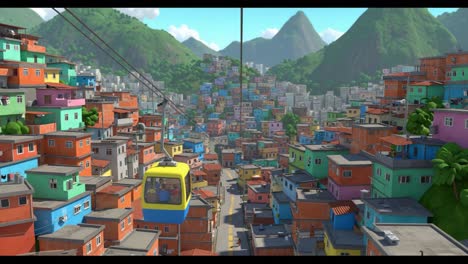 a scenic journey through vibrant urban slums: exploring a colorful rooftop city surrounded by lush mountains and breathtaking views from a cable car
