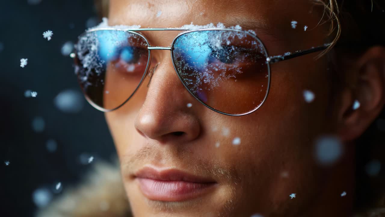 A close-up shot of a young man with stylish sunglasses reflecting a snowy environment, showcasing winter's beauty and tranquility while snowflakes gently fall around him, creating a serene ambiance