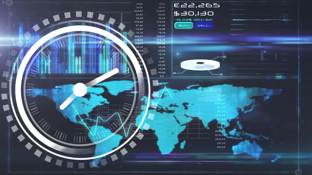 검은색 배경에 데이터 처리와 세계 지도 위에 움직이는 시계의 애니메이션