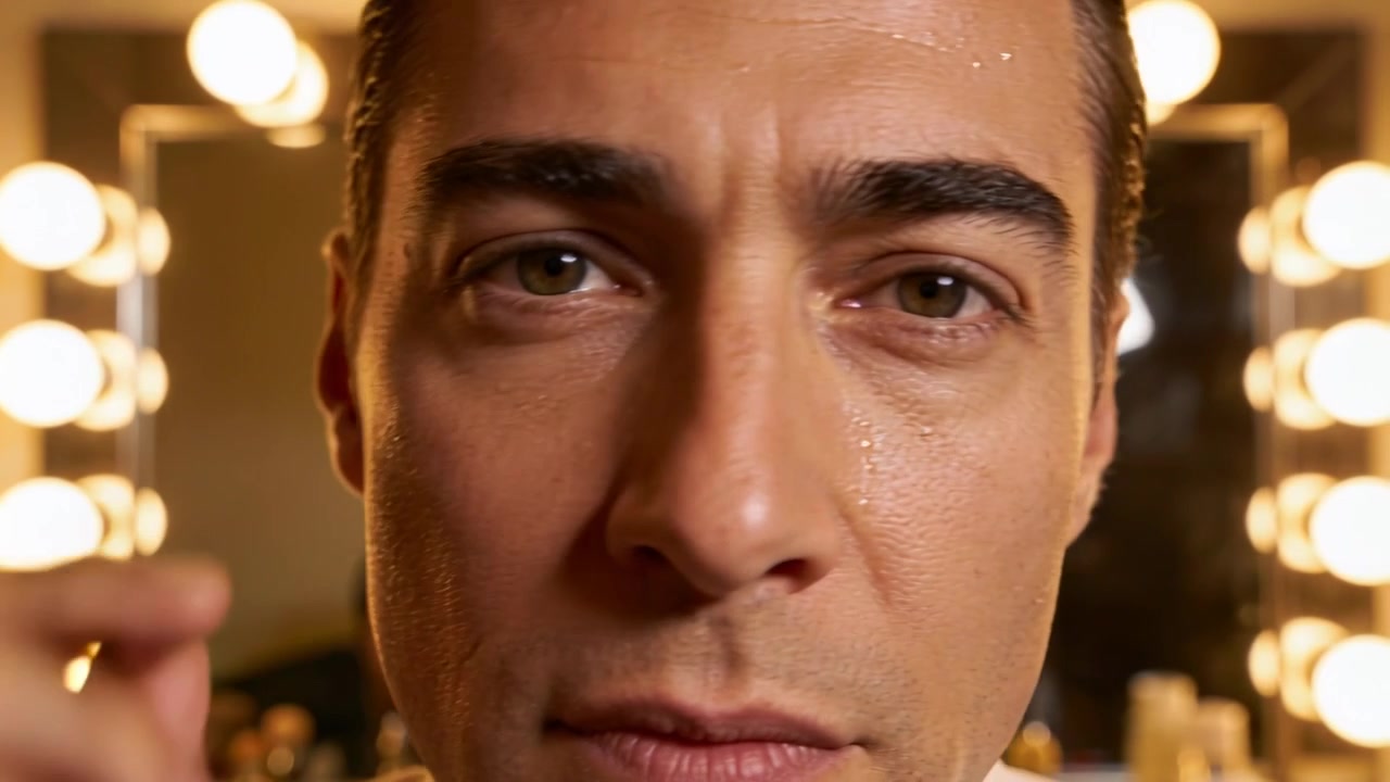 Camera framing actor blinking, fixing hair, refocusing at vanity with bulbs, white-shirt prepping