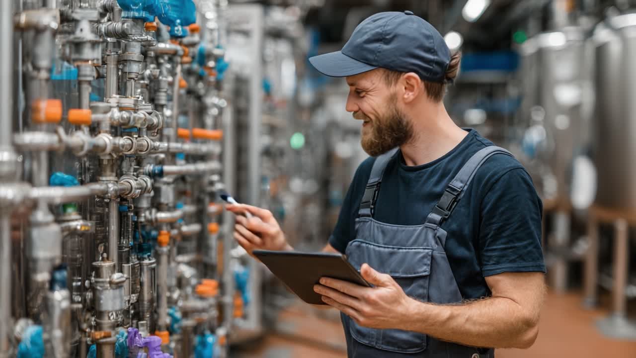 Ein erfahrener Techniker, der in einer industriellen Umgebung arbeitet, Notizen macht und GerÃ¤te auf einem Tablet inmitten komplexer Maschinen und Rohrleitungen Ã¼berwacht