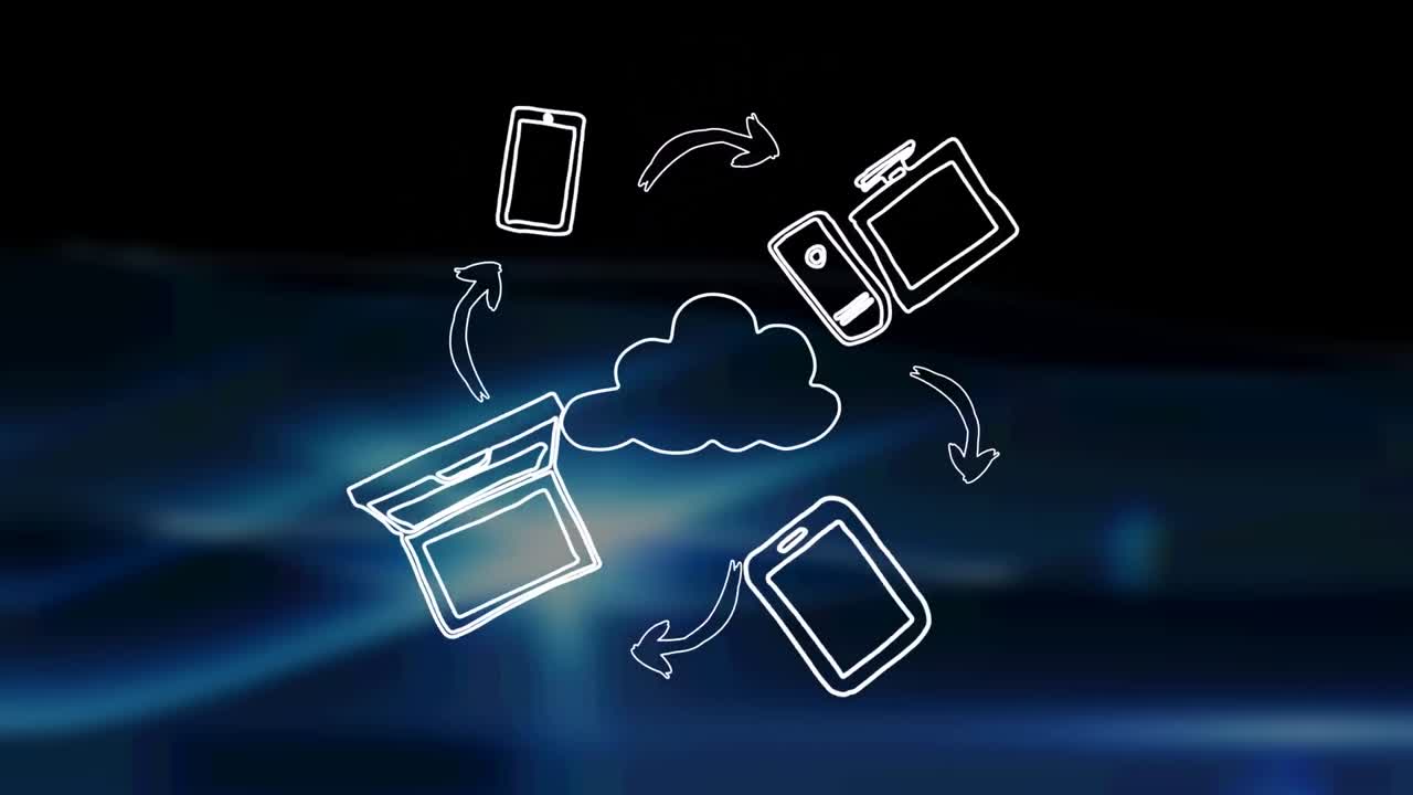 Animation of network of connections with cloud and icons over digital screens