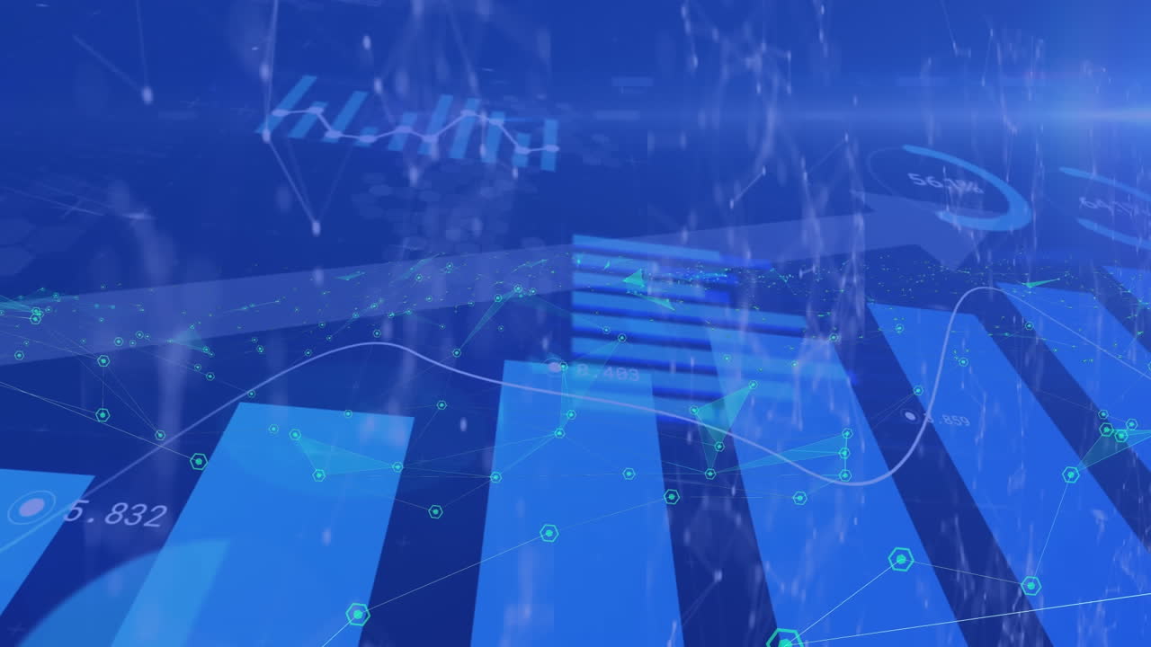 파란색 배경에 대한 연결 네트워크 및 통계 데이터 처리의 애니메이션