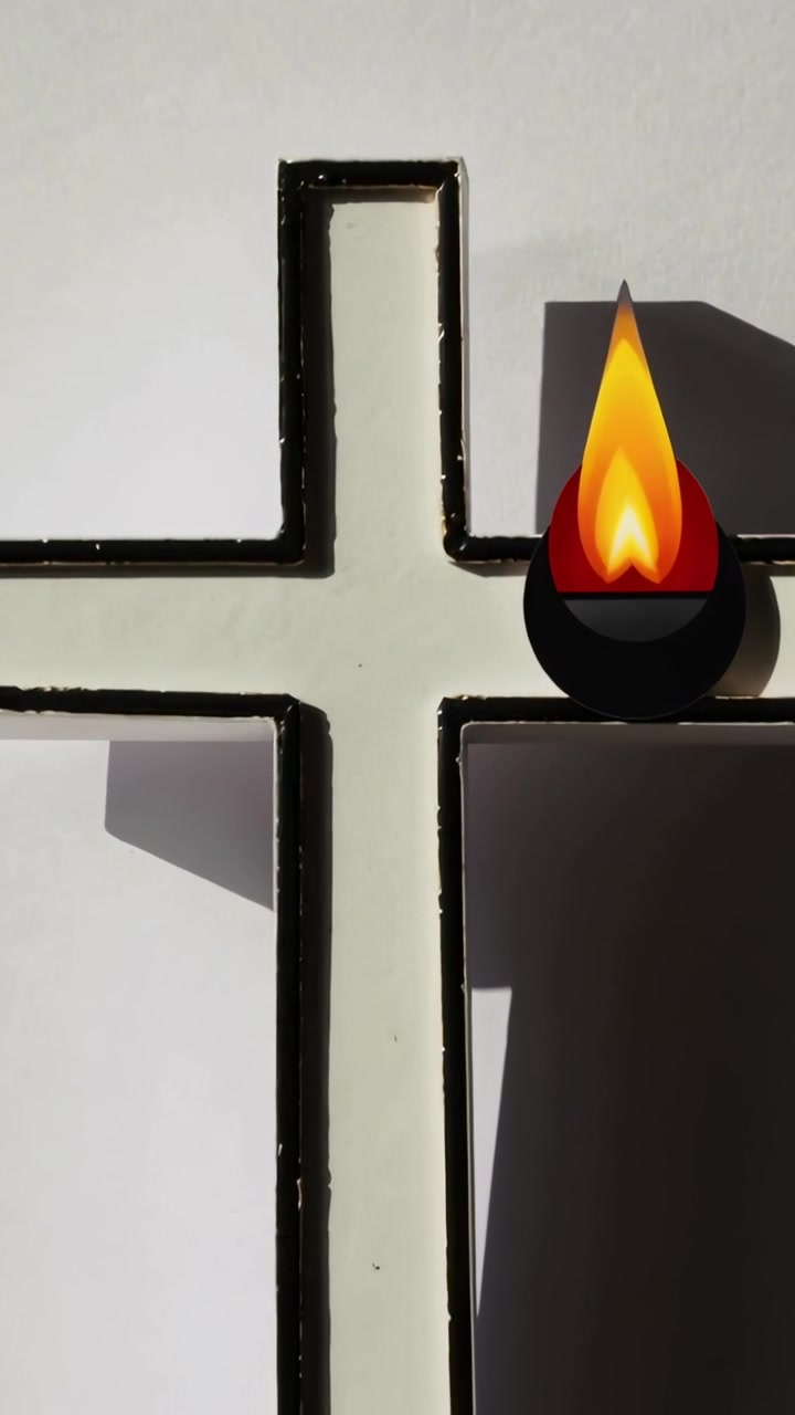 Vertical video: Showing timelapse flame drifting left along white cross with black border on paper