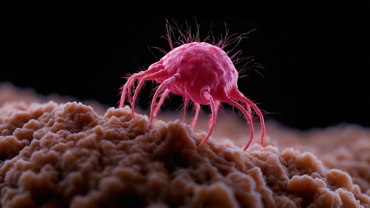 Un'esplorazione ravvicinata di un acaro rosa microscopico su una superficie testurizzata, che mostra la sua morfologia unica e le sue fini strutture pilifere con dettagli mozzafiato.