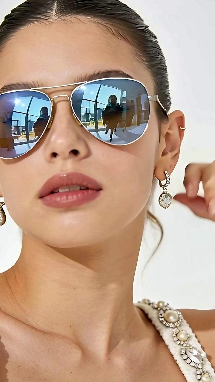 Video verticale: Modella in posa che si gira al segnale del fotografo in studio, con occhiali da aviatore che riflettono la stanza