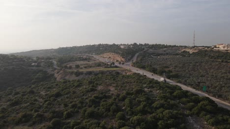 aerial panning shot of beautiful green trees in forest by road on sunny day at katzir israel