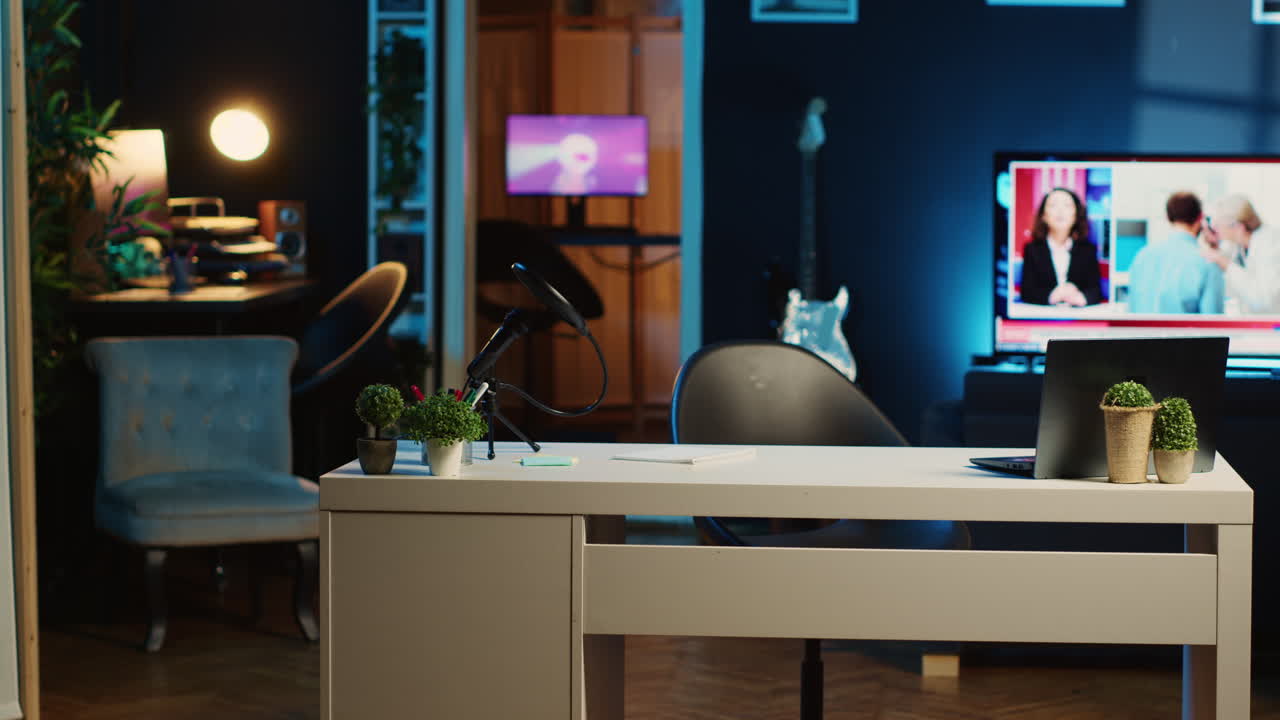 micrófono de podcast profesional en el escritorio de trabajo