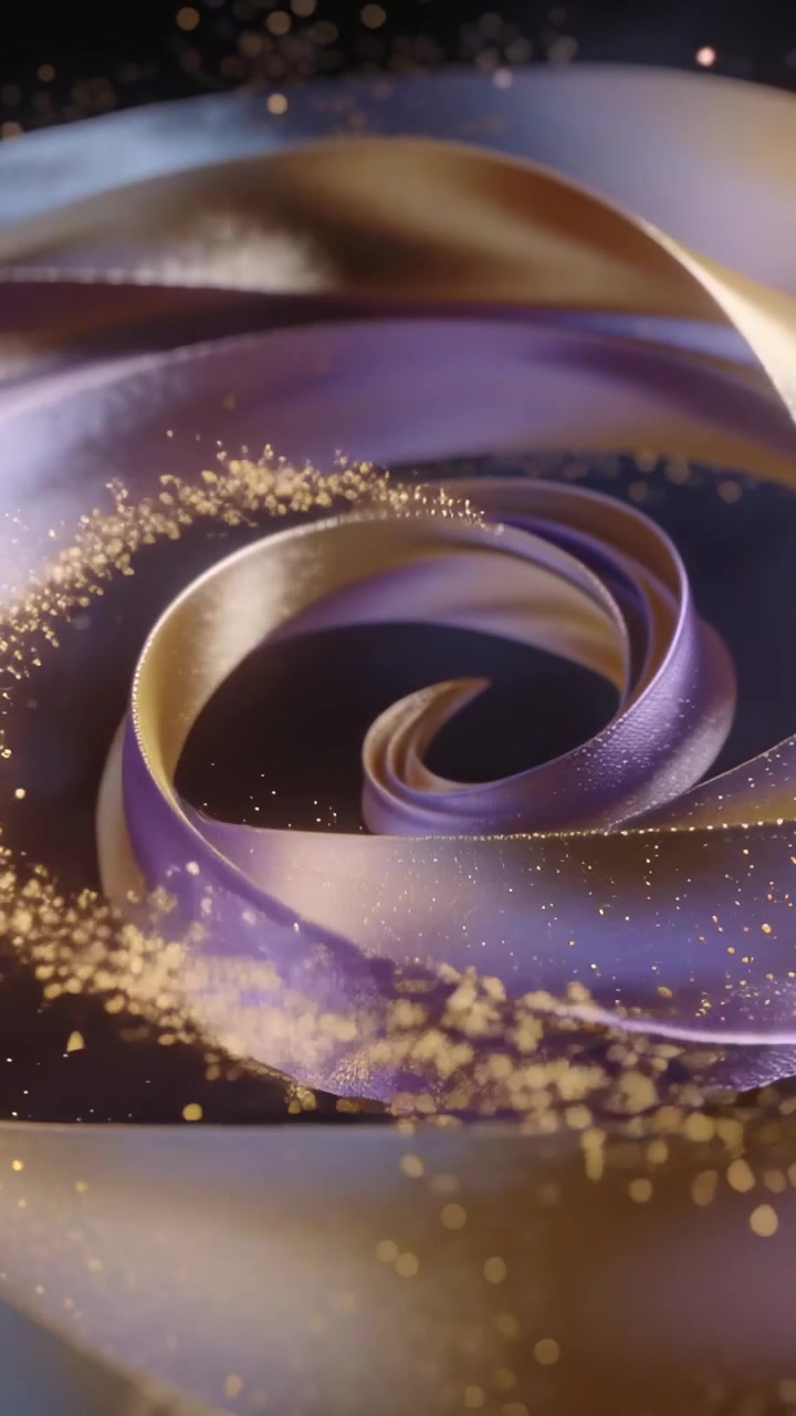Video verticale: Spirale di nastro viola e oro che gira in una foschia scura, polvere d'oro che emerge e forma un anello
