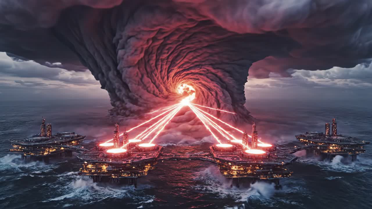 Futuristic Oil Rigs Under Attack During a Storm
