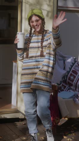 woman enjoying a coffee in a camper van