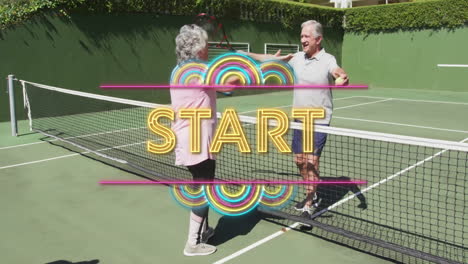 senior man and woman greeting across tennis net on court, showing animated rackets and health chart
