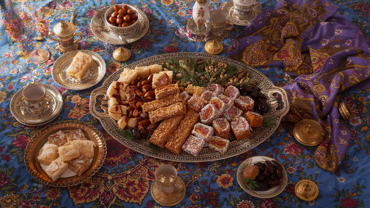 Mor kumaşla kaplı bir masanın ortasında yer alan süslü tabağı ortaya çıkarmak için kamera açısını genişletme ve tatlıları gösterme