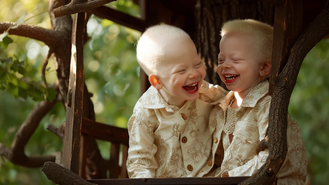 Two joyful children with blond hair and bright smiles share a playful moment in a treehouse, showcasing their happiness and strong bond as they enjoy time together outdoors