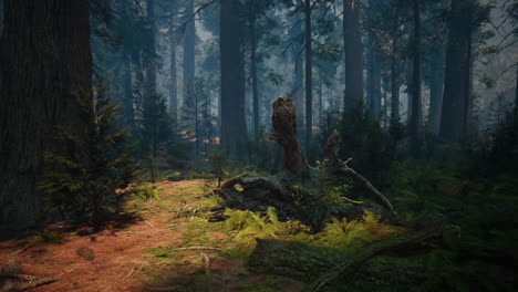 bosque de sequoias en la niebla