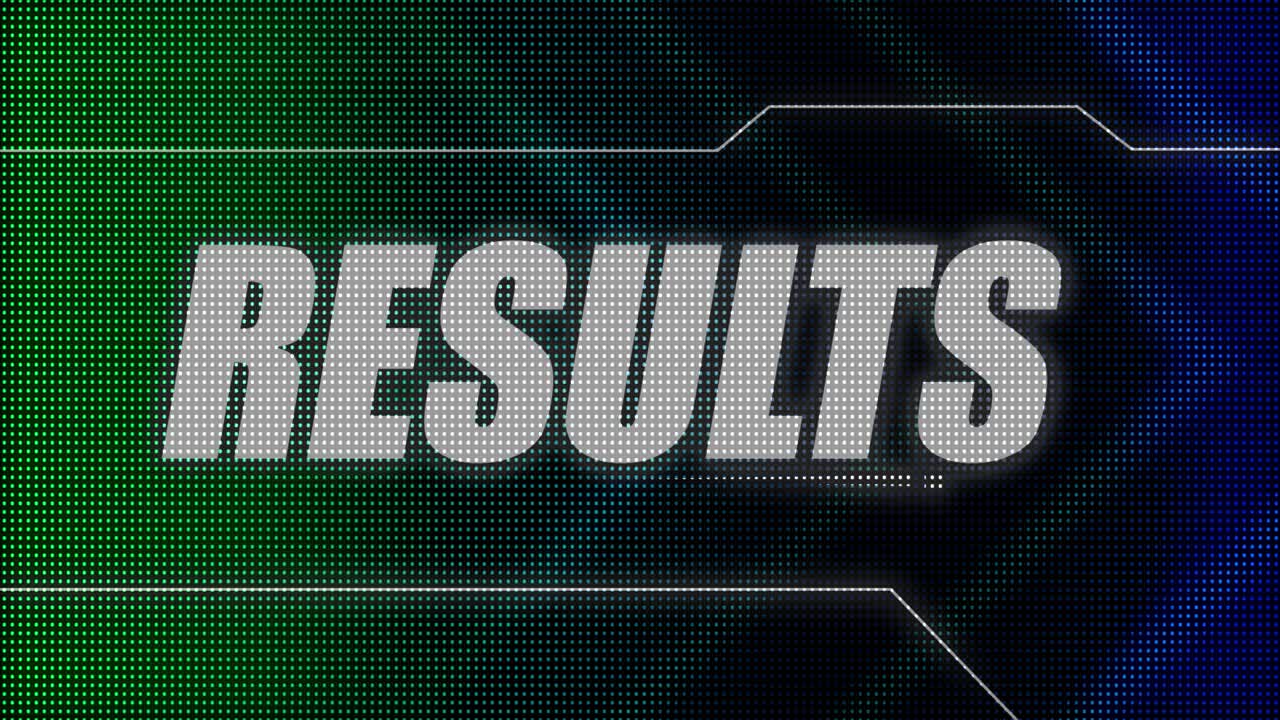 2D animated motion graphics design of a flashing lightboard style sports title card, in classic blue and green color scheme, with animated chevrons and the bold Results caption