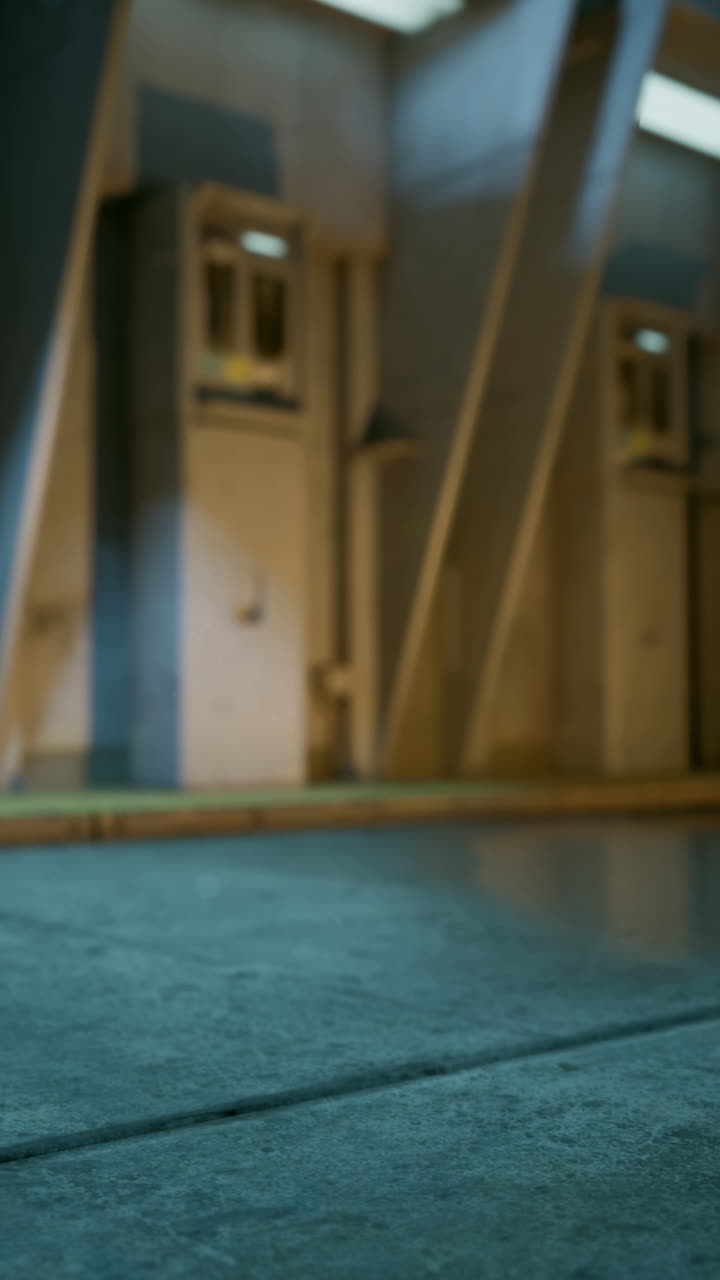 Empty industrial room with concrete floor and metal beams