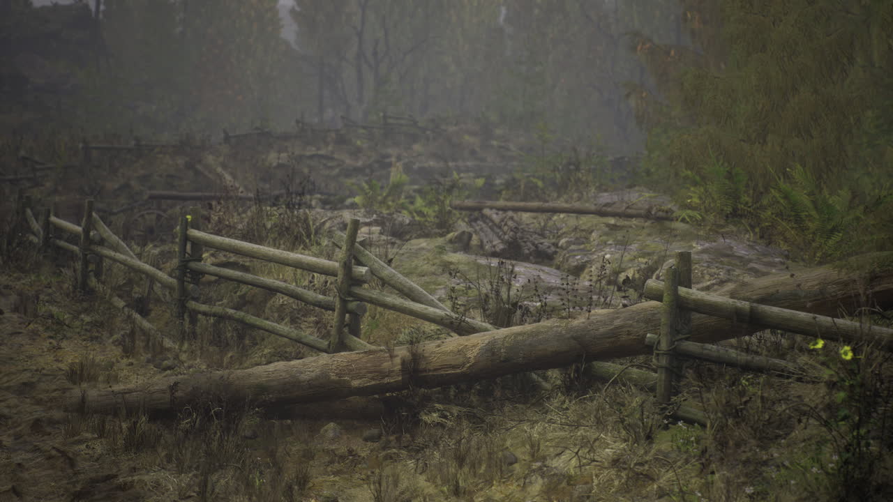 Foggy forest trail lined with wooden fence in early morning light
