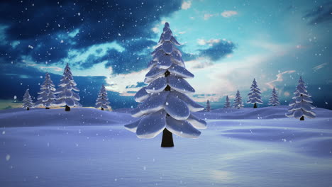 Snow-falling-on-fir-tree-forest-at-night