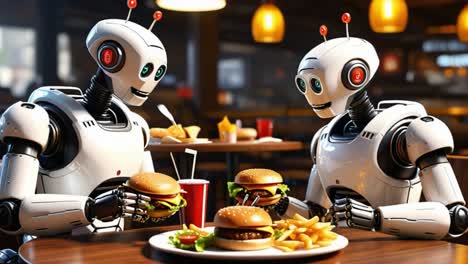 in a lively restaurant, two friendly robots sit at a table, eagerly holding delicious burgers while surrounded by fries. the atmosphere is vibrant, enhanced by warm lighting and cheerful decor. the robots engage in a light-hearted conversation, showcasing their curiosity and enjoyment of human food.