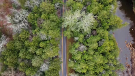 Video-De-Drones-De-Ojo-De-Pájaro-De-Una-Carretera-De-Montaña,-árboles-Caducos-Desnudos,-Pinos-Coníferos-Y-Un-Pequeño-Río-A-Principios-De-Invierno-En-Las-Montañas