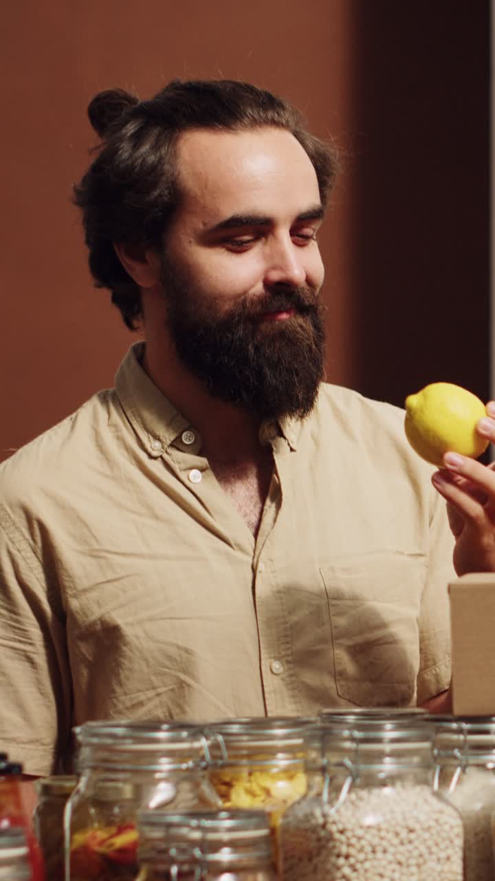 Video verticale: cliente annusa della frutta, provando nostalgia