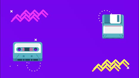 cassetta e floppy disk in stile memphis retro sullo sfondo
