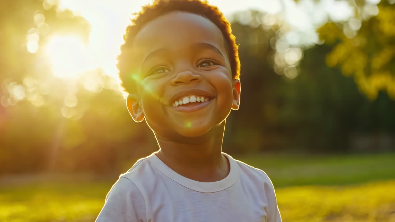 Uma criança alegre sorri em um parque ensolarado, capturada em um close-up, foto em ângulo baixo