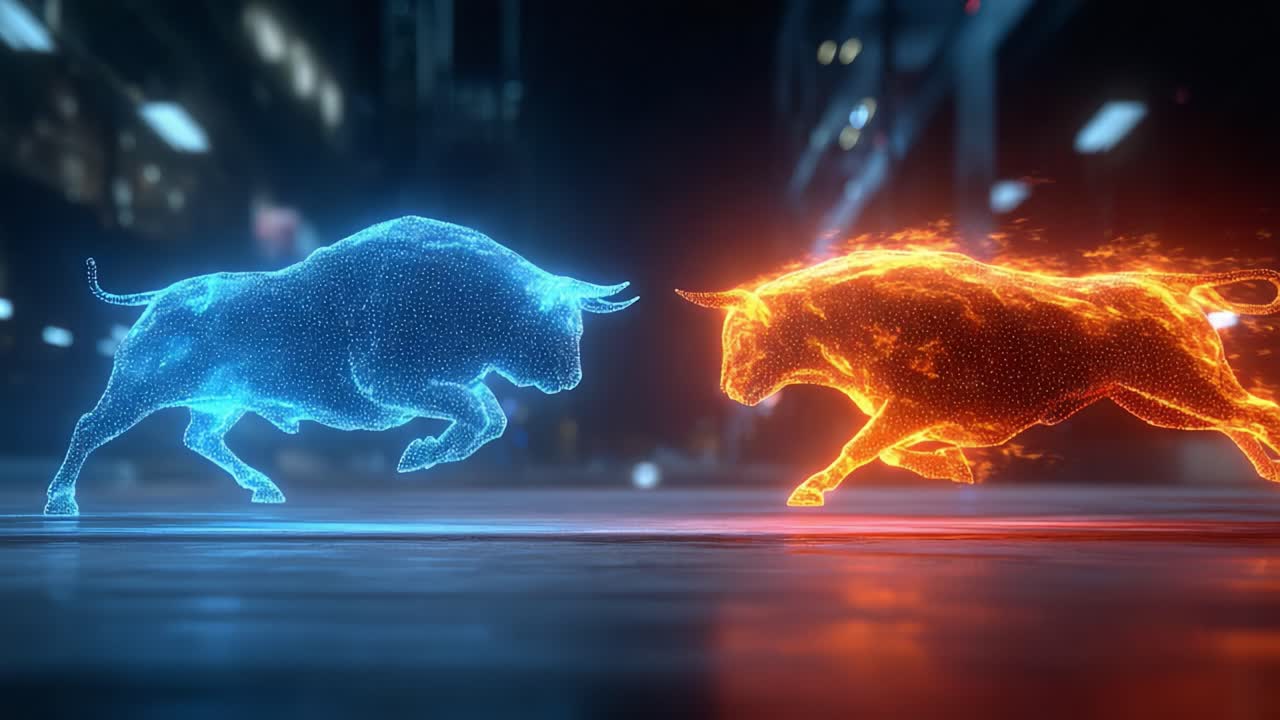 Un duelo digital: dos toros enérgicos libran un choque épico, que representa el poder y la competencia en un impresionante entorno futurista