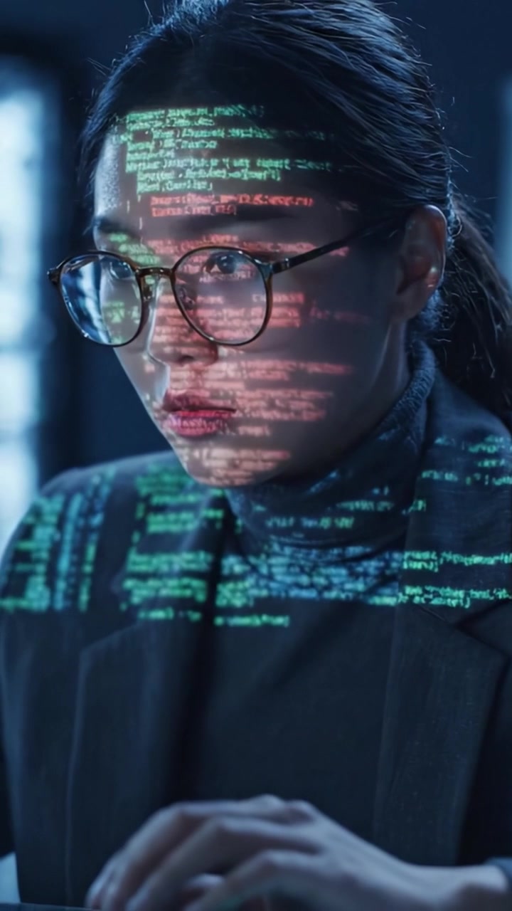 A Focused Programmer Analyzing Data with Projected Code Patterns Illuminating Their Face in a High-Tech Environment