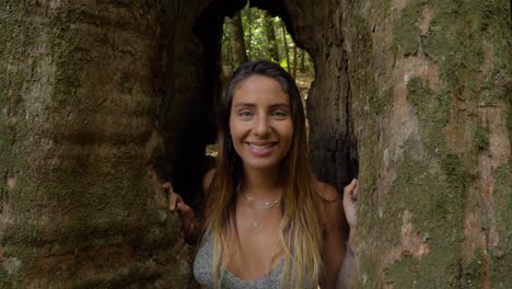 attractive girl emerged from hollowed buttress root of tree - wishing tree track - lamington national park in gold coast, qld, australia. - medium shot