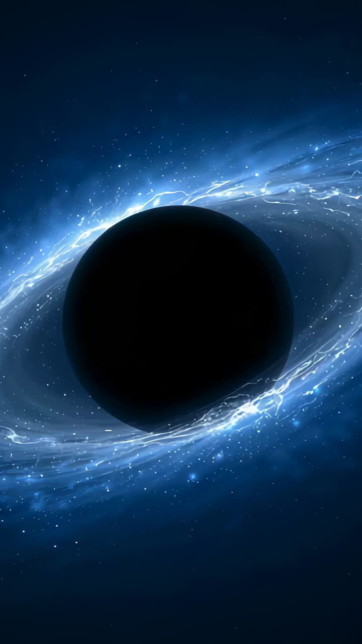 Vertical video: Brightening blue ring sweeping around central black disk in deep space, with stars