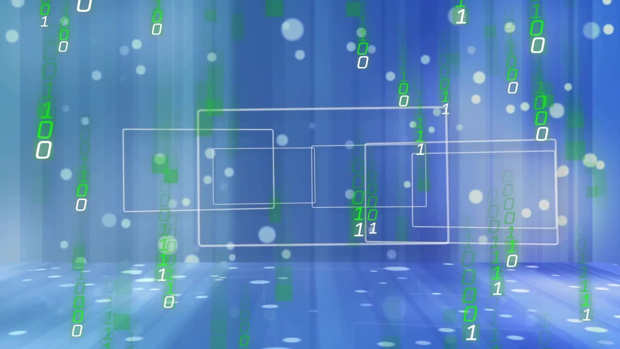 Green binary glyphs appearing at top falling, frames drifting, forming looping blue backdrop