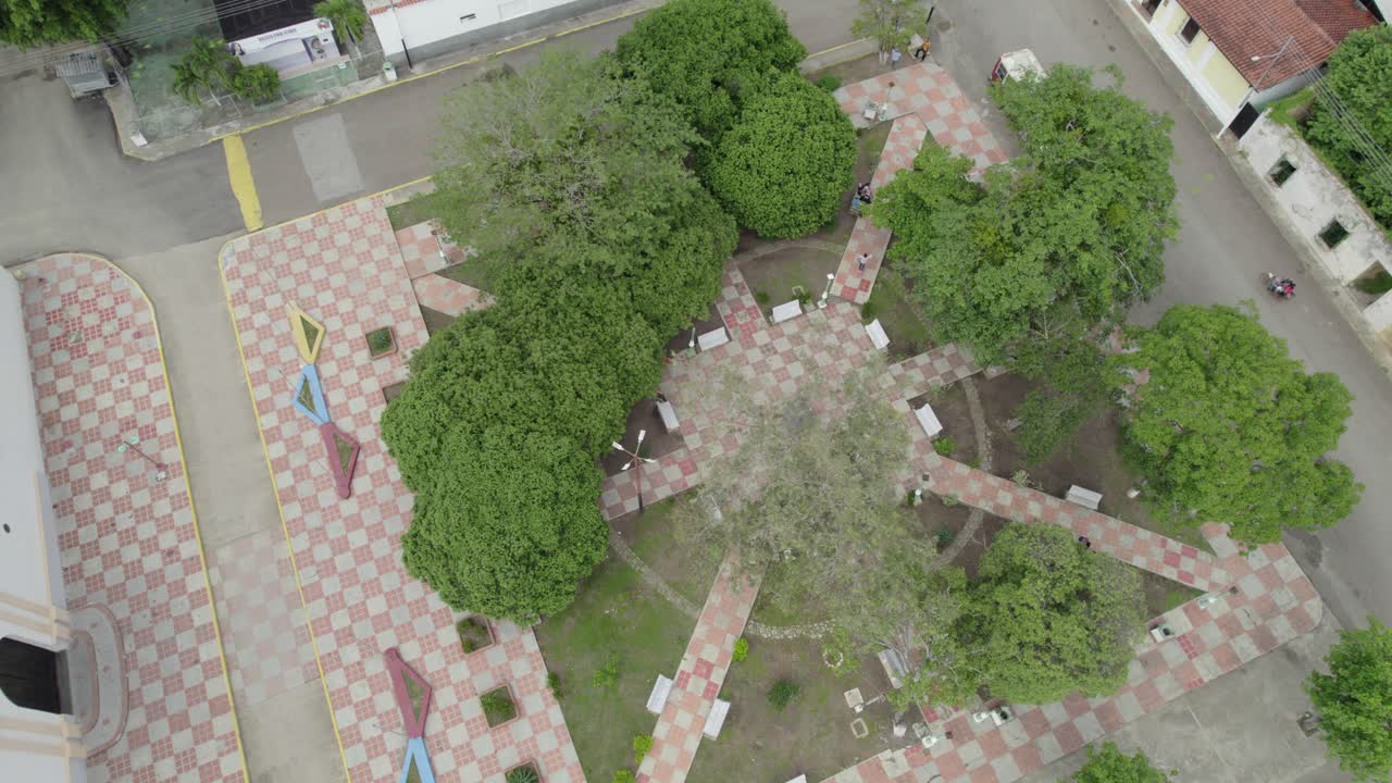 Aerial View of a Town Square with Trees and Buildings