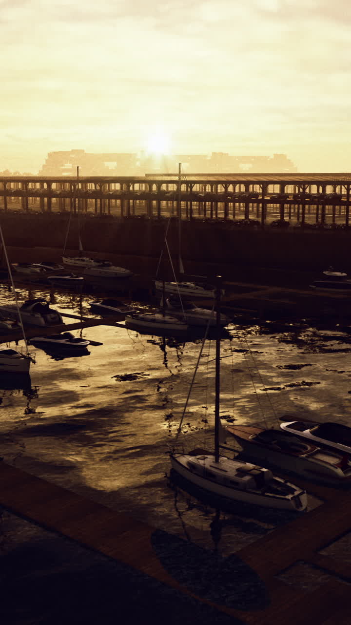 Sunset over marina with boats docked at pier during tranquil evening hours