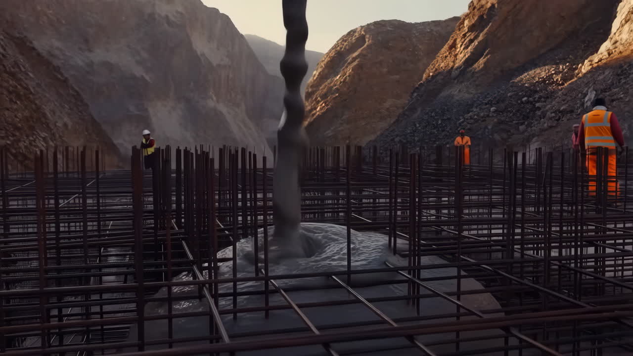 Concrete pour on a construction site with rebar reinforcement in a mountainous area