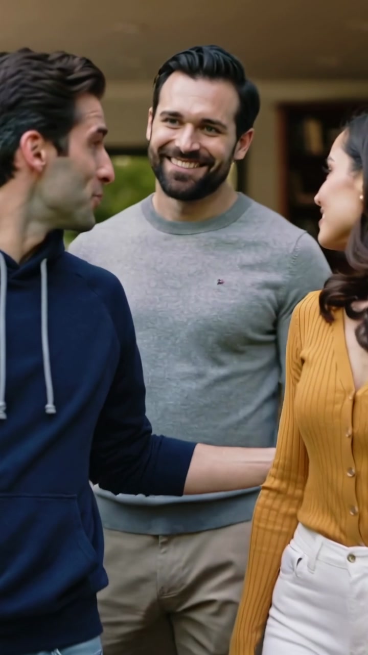 Three Happy Friends Smiling and Interacting in a Home Doorway
