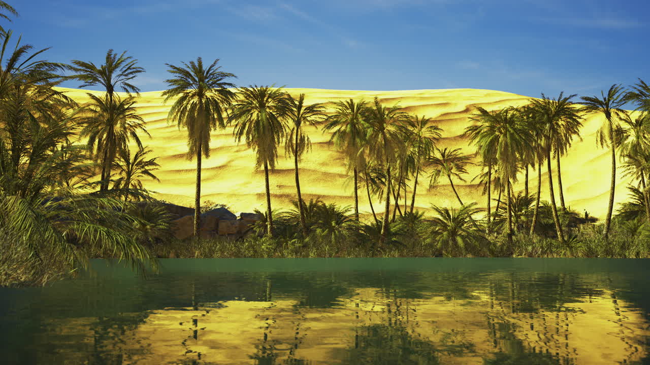 Desert oasis with palm trees and reflective water under blue sky