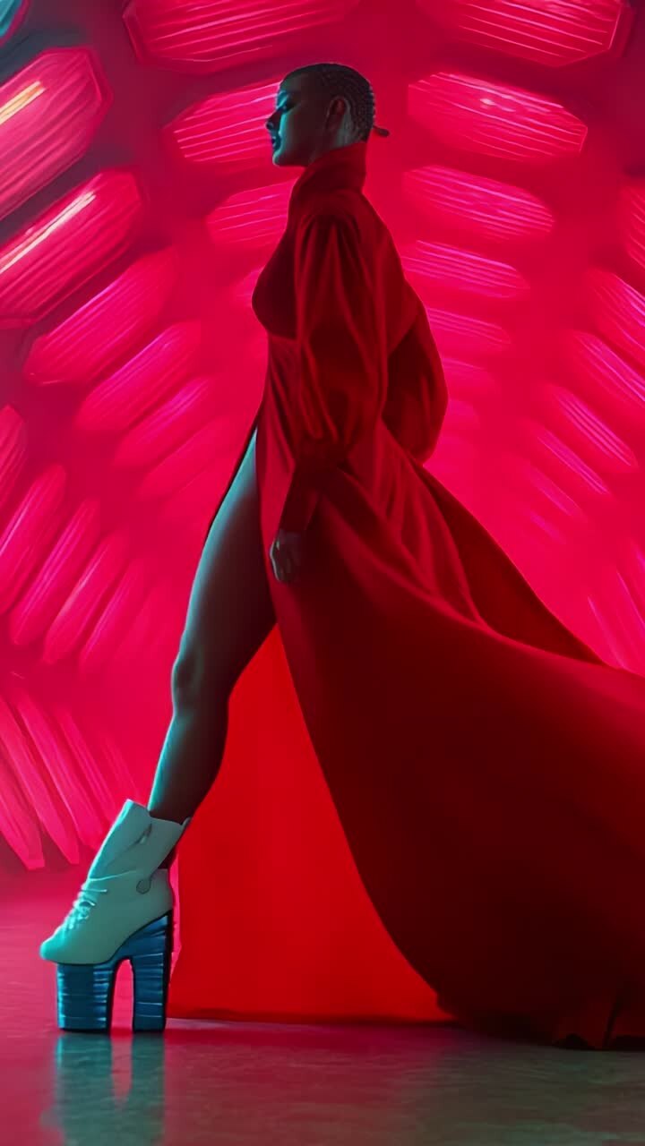 Una dichiarazione di stile sorprendente: una modella con un abito rosso ampio e audaci tacchi alti cammina con sicurezza in un ambiente vivace e futuristico con illuminazione dinamica